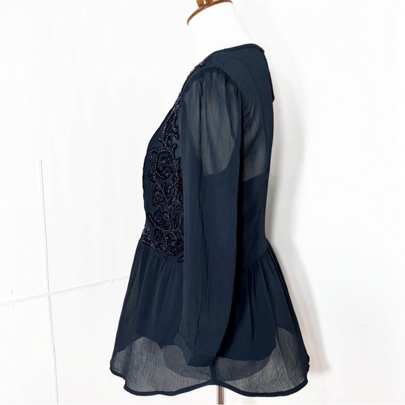 Anthropologie Embellished Beaded Sequin Floral Embroidered Navy Peplum Blouse - Picture 7 of 14